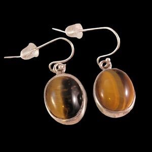 Sterling Bezel Set Oval Tiger's Eye Drop Earrings